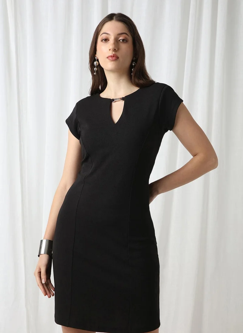 globus Globus Women Black Round Neck Short Sleeves Self Design Buckle Detail Mini Workwear Sheath Dress